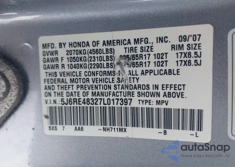 2007 Honda Cr-V Lx from USA, damaged, VIN 5J6RE48327L017397